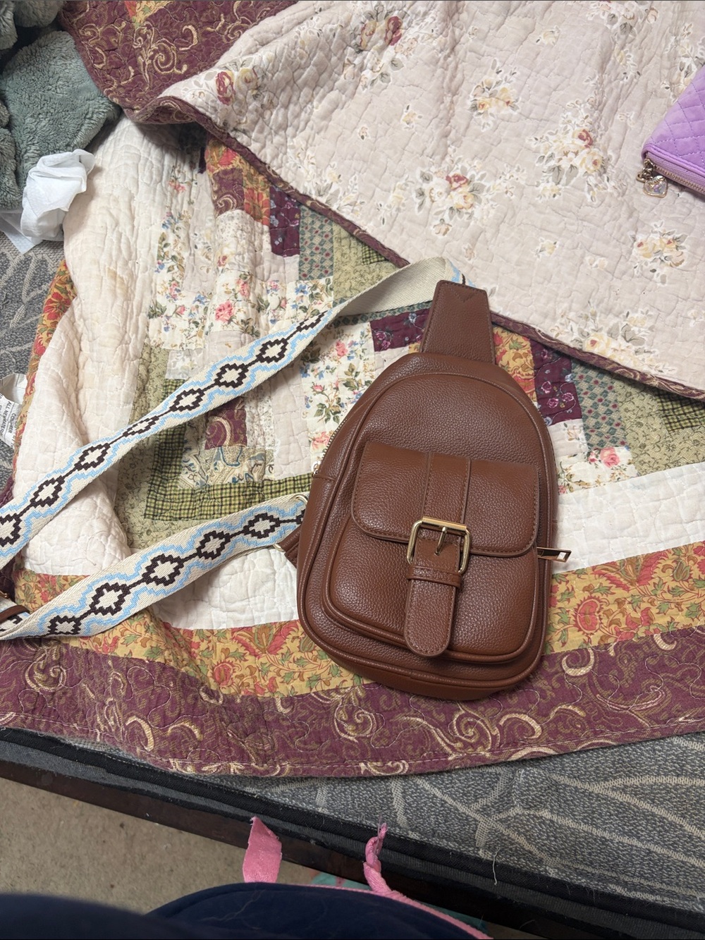Brown Leather Crossbody Sling Bag with Decorative Strap